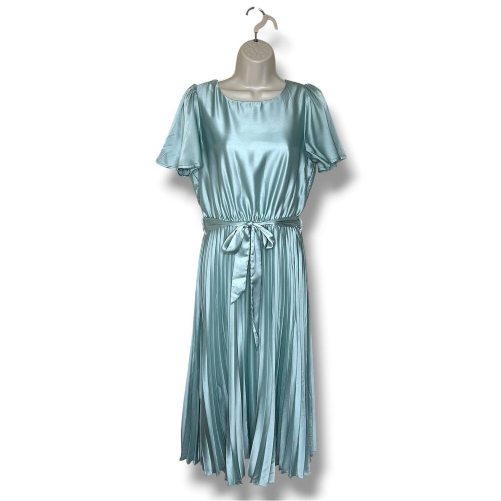 Polagram Small Satin Pleated Midi Dress Green Tie Waist Flutter Sleeve Party